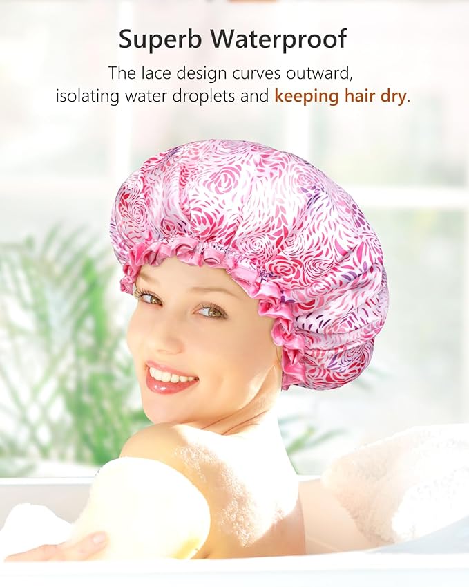 mikimini Medium Shower Cap for Women,Romantic Petal Design, Double Layer Waterproof, Reusable, Washable, High-quality, Floral Print