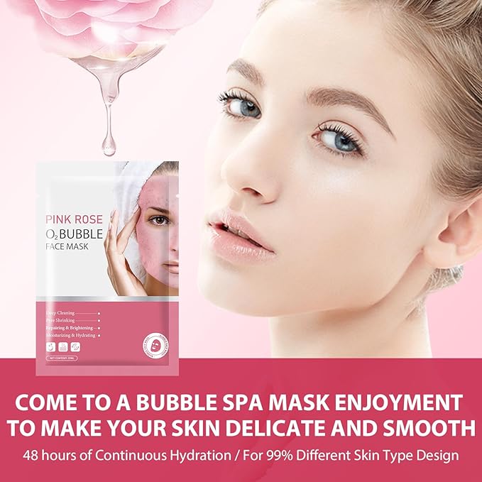 IREV Pack of 10 Pink Rose O2 Bubble Face Masks Skincare - Spa Gifts for Women - Bubble Face Sheet Mask Cleaner Foaming Purifying Facial Mask for Acne and Pores Moisturizing Beauty Sheet Masks