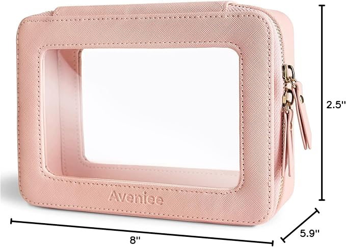 Aveniee Clear Makeup Bag Organizer, Portable Travel Toiletry Cosmetic Bag Case for Women, Heavy Duty Make Up Pouch with Transparent Vinyl Windows & Gold Zippers(Pink)