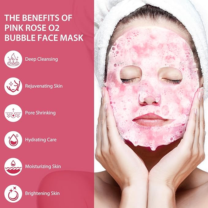 IREV Pack of 10 Pink Rose O2 Bubble Face Masks Skincare - Spa Gifts for Women - Bubble Face Sheet Mask Cleaner Foaming Purifying Facial Mask for Acne and Pores Moisturizing Beauty Sheet Masks
