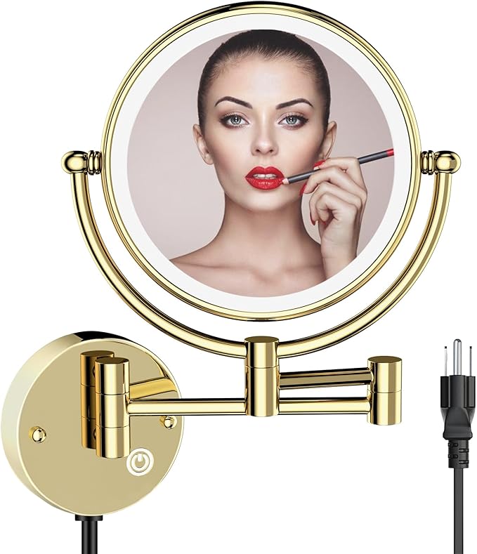 Brass Wall Mounted Makeup Vanity Mirror with Light and Magnification, 1X/5X Double Sided LED Lighted Personal Mirror for Bathroom, Swivel Extendable Arm, PVD Zirconium Gold, Plug Powered
