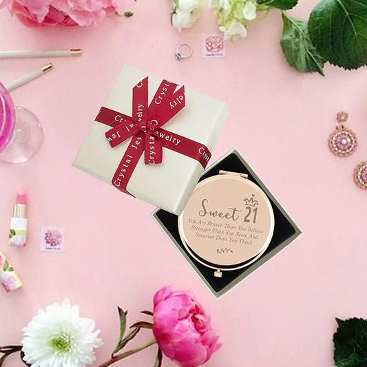 21th Birthday Gifts for Girls, Sweet 21th Birthday for Niece Bestie Sister Daughter BFF, Rose Gold Compact Mirror Inspirational Gifts