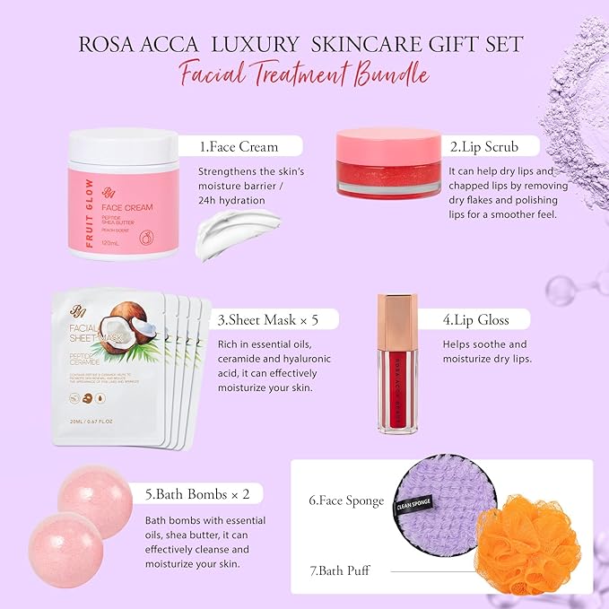 42 Pcs Christmas Gifts for Women, Super Fruit Bath and Body Gifts, Facial Skin Care Kit, Self-Care Gifts, Home Spa Set, Lip Gloss, Shower Gel, Face Sheet Mask, Serum, Birthday,Valentines, Present