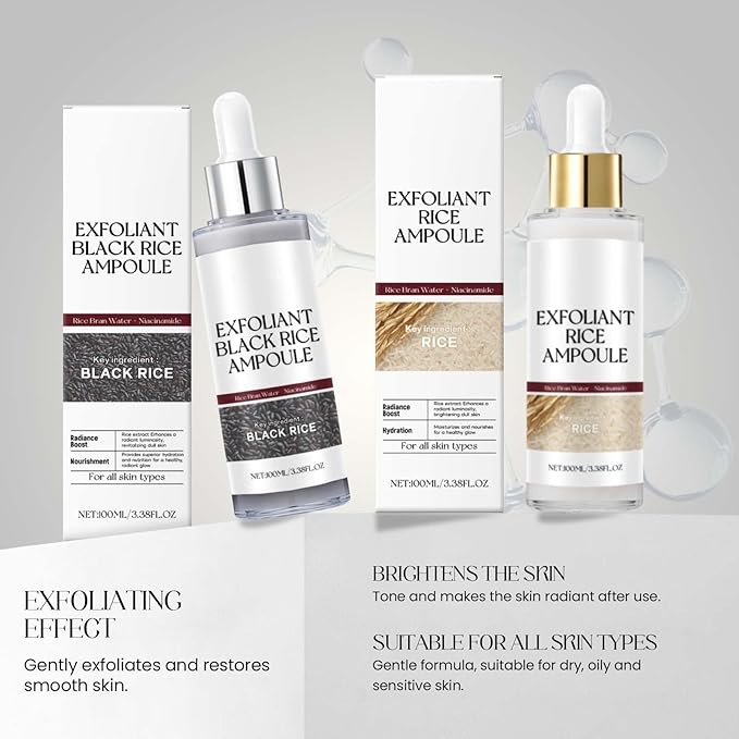 2PCS Rice Exfoliating Ampoule Set - Black & White Rice for Brightening & Glowing Skin, Minimizing Pores, Deep Hydration Treatment