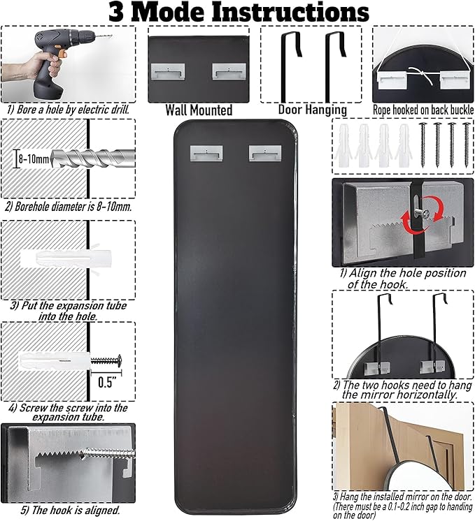 47x14 Mirror Full Body Length Door Hanging Rope Hang Wall Mounted Metal Frame Rectangle Mirrors for Bedroom Bathroom Dressing Living Room 47 inch Black