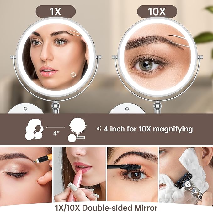 9" Wall Mounted Makeup Mirror with Lights, 4000mAh Rechargeable 1X/10X Wall Mounted Magnifying Mirror for Bathroom, 3 Color Lighting,Touch Screen Dimming,Extended Arm 360 Rotation Wall Mount Mirror C
