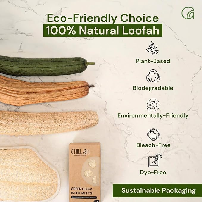 Chill Ah Green Glow Dual-Sided Loofah Bath Mitts (2-Pack) – 100% Plant-Based, Dye-Free, Biodegradable, Handcrafted in Vietnam – Natural Exfoliating Gloves for Glowing Skin