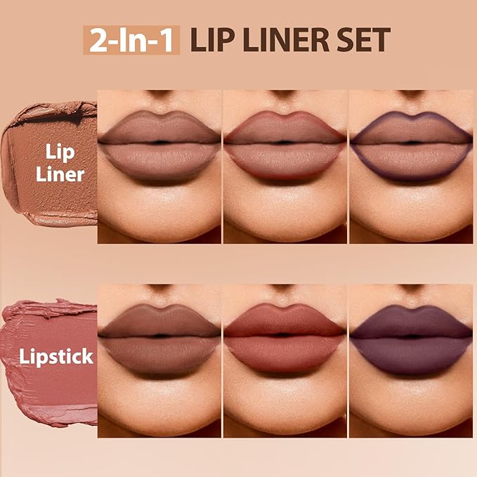 2 in 1 Lip Liner Pencil and Lipstick Lip Combo Set, Matte Nude Black Dark Brown Red Lip Liner, Smooth Creamy Lip Pencil, High Pigmented Non-Smudging Waterproof Long Lasting Lip Makeup 05#