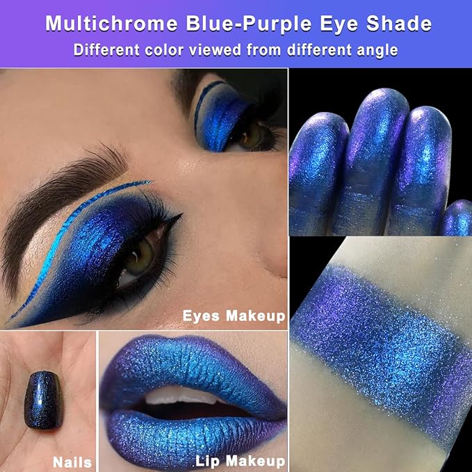 Afflano Multichrome Vibrant Blue Eyeshadow Palette, 4-Color Highly Pigmented Long-Lasting Blue Eyeshadow Makeup, Blendable Duochrome Shimmer Matte Shades for Natural & Smoky Eye Looks Travel-Size