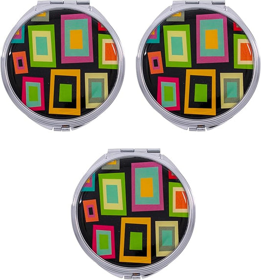Stephanie Imports Set of 3 Double Sided Magnifying Compact Slim Mirrors with Printed Insert (Circle - Retro Squares)