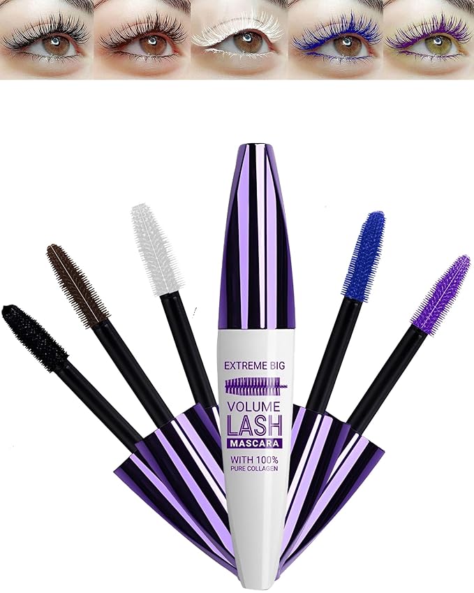 5D Waterproof Colored Mascara Volume and Length,5 Color Black Brown White Blue Purple Fiber Mascara for eyelashes, Longlasting Curling rimel de pestañas,Women's Day Eye Makeup Gift Set for Women Girl