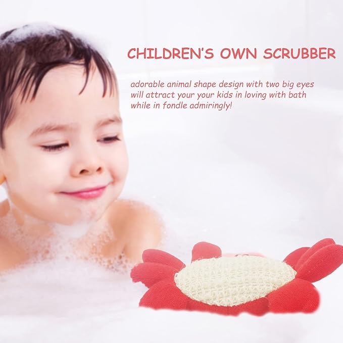 (2 Pack) Animal Body Scrubber Natural Linen Shower Ball for Toddler Kids Gentle Exfoliating Bath Sponge Loofah Pouf in Yellow Starfish Red Crab with Cute Big Eyes Design