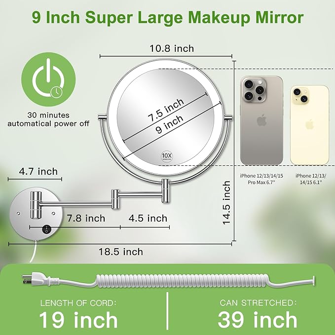 Anfauny 9 Inch Wall Mounted Lighted Makeup Mirror, Double Sided 1X/10X Magnifying LED Vanity Mirror with 3 Color Lights & Stepless Dimming, 360°Swivel Extendable Bathroom Cosmetic Mirror-Chrome