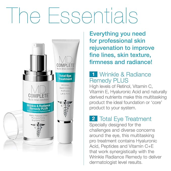 MD Complete Eye Wrinkle Duo | Professional Dermatologist Skin Rejuvenation | includes Wrinkle & Radiance Remedy PLUS with Retinol and Total Eye Treatment with Hyaluronic Acid and Peptides | Set of Two