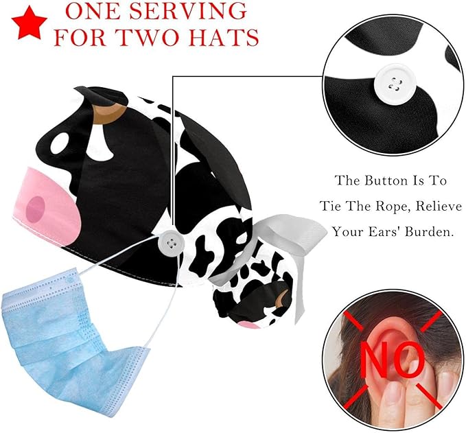 2 PCS Bouffant Cap with Button Ponytail Pouch Working Cap Sweatband Adjustable Surgical Cap Black and White Cow