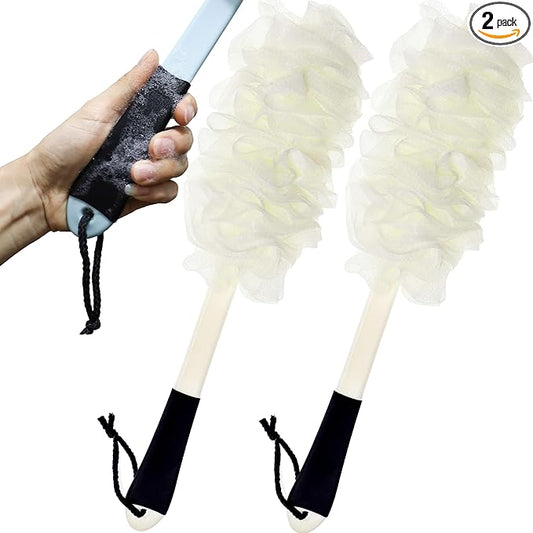 2Pack Back Scrubber for Shower, Loofah with Handle, Back Loofah Non-Slip Handle, Bath Body Brush, Scrub Cleaning Brush for Shower, Soft Mesh Sponge On a Stick for Men Women Elderly (Two White)