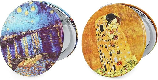Pocket Mirror, 2 Pcs Round 2.8” PU OilPainting Style Double Sided 1X/3X Purse Compact Mirrors (OP01OP02)