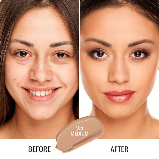Oulac Foundation Make Up, Skincare Infused With Aloe Leaf And Vitamin E, Medium to High Coverage Liquid Foundation, Foundation Vegan 30ml, Shade：Medium 9.5