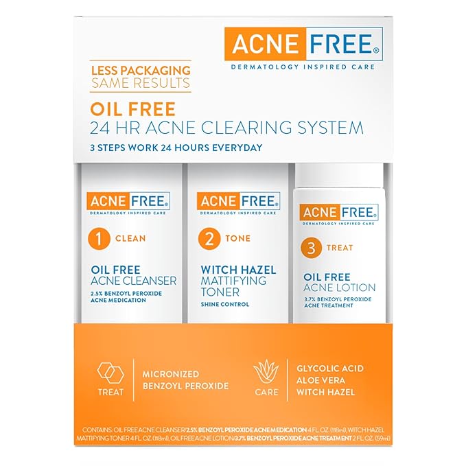 Acne Free 3 Step 24 Hour Acne Treatment Kit - Clearing System W Oil Free Acne Cleanser, Witch Hazel Toner, & Oil Free Acne Lotion - Acne Solution W/ Benzoyl Peroxide for Teens and Adults - Original