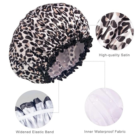 Aquior Shower Cap, Shower Cap for Women Reusable Waterproof, Large Bath Hair Cap for All Hair Lengths, Ladies, Men and Kids (Leopard)