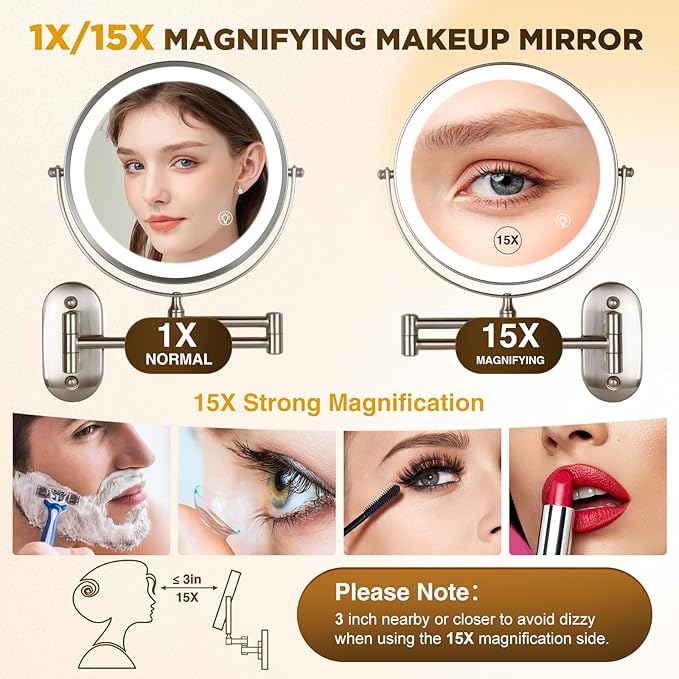 Magnifying Mirror with Lights 1x/15x: 8.5" Double Sided Wall Mounted Lighted Makeup Mirror for Bathroom, 3 Color Lights & 360°Swivel Vanity Mirror, Brushed Nickel