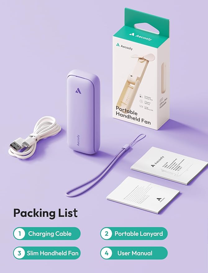 Aecooly Slim Portable Fan 2 Pack, Thin Handheld Fan, USB Rechargeable Mini Personal [24H Max Cooling Time], Battery Powered Small Foldable Pocket for Travel, Summer, Gifts for Women, Girls -Purple