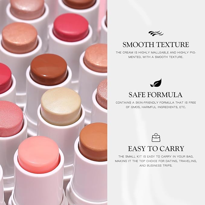 3 PCS Makeup Cream Contour Stick Set, Highlighter Stick & Bronzer Stick & Blush Stick, Long Lasting, Natural Face Contour, Dewy & Matte Finish, Multi Stick Trio for All Skin