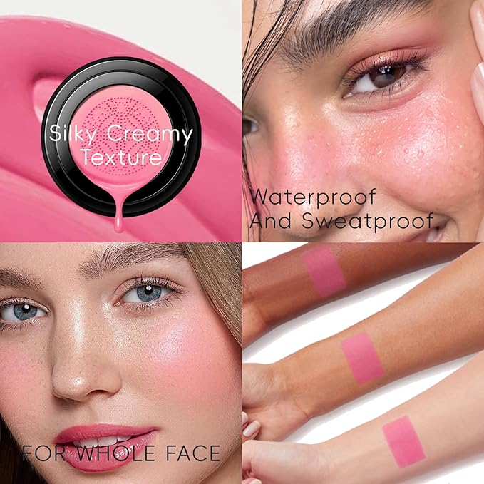 Cushion Blush for Cheeks with Air Mushroom Applicator Head Brush, Liquid Blusher Set Dewy Matte Finish, Moisturizing Cream Blush Tint Kit for Face Makeup Soft Pink
