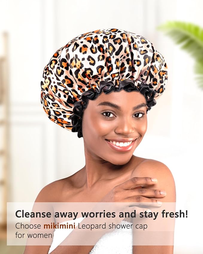 mikimini Large Shower Cap for Women Long Hair, Leopard Stylish Shower Caps with Black Lace, Double-layer Waterproof, Reusable, Washable