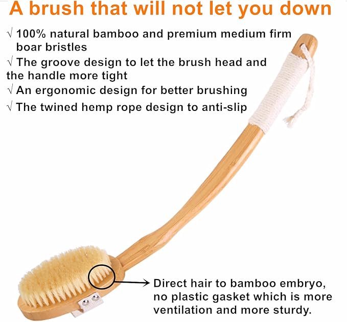 Body Brush Back Scrubber,18.7 inch Long Handle Detachable Body Brush with Dual Brushing Heads for Dry Brushing Shower, Bamboo Medium Firm Bristle Brush for Body Cellulite and Lymphatic (Beige)
