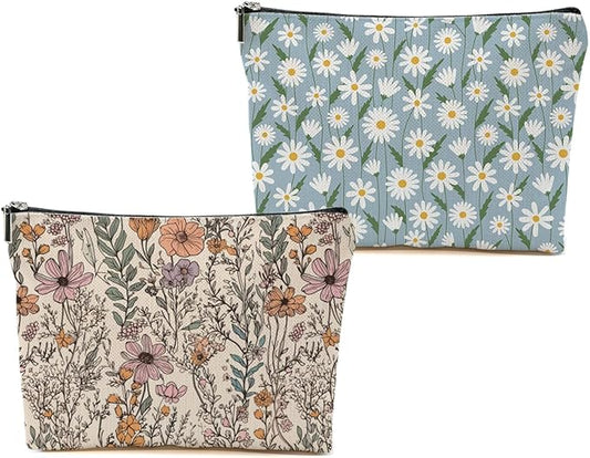 2pcs Vintage Floral Makeup Bag, Daisy Flower Cosmetic Bag Garden Gifts for Women Female Girls Sister BFF Nature Lover, Travel Zipper Pouch Christmas Thanksgiving Birthday Gifts