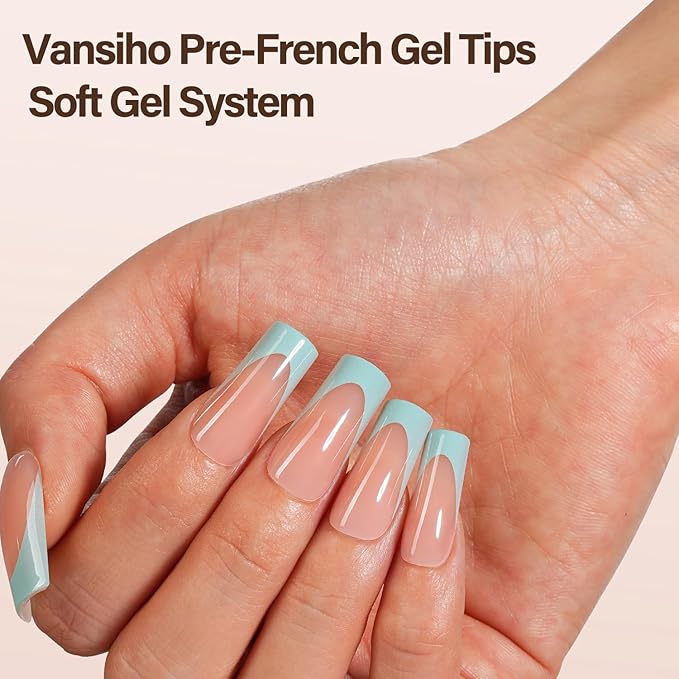 150Pcs French Gel Nail Tips, Vansiho Long Square Nail Tips, Blue Pre-French Tips Press on Nails, Soak Off Soft Gel Acrylic Fake Nails for Nail Art DIY 15 Sizes