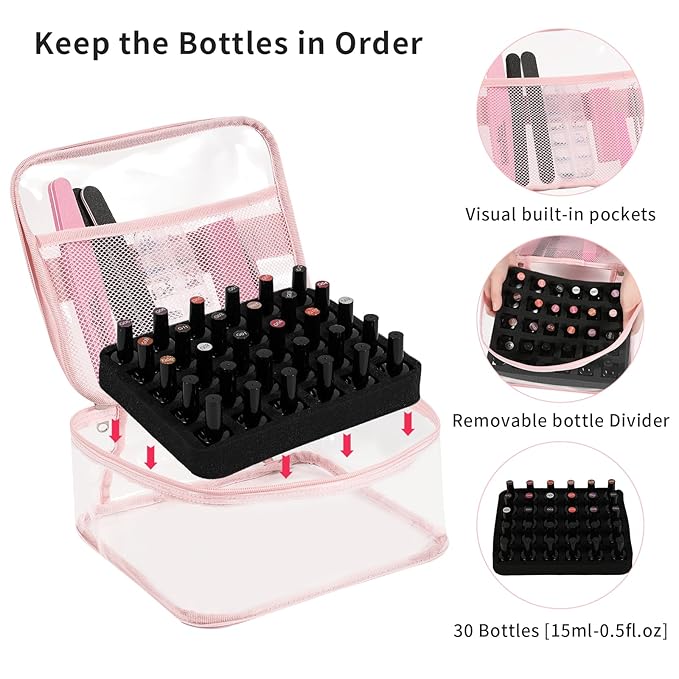 Beloving Clear Nail Polish Organizer Holds 30 Bottles PVC Nail Polish Case See-Through Nail Supplies with Manicure Tools Storage Sections, Portable Travel Nail Tech Carrying Bag for Storage Display
