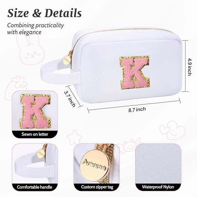 Aveniee Travel Makeup Bag for Women,Initial Monogram Cosmetic Bag Toiletry Pouch,Makeup Case for Friendship,Birthday or Teacher Gifts for Women Teen Girls-White Q