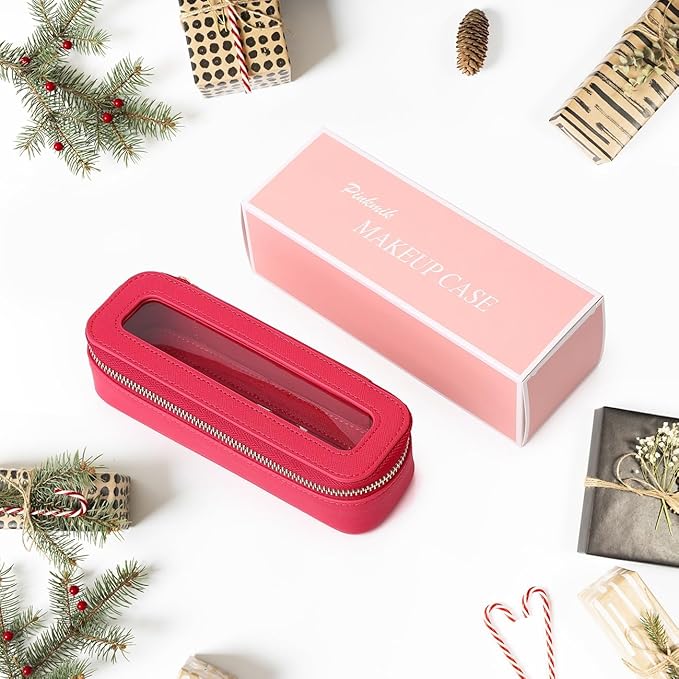 Makeup Brush Case Clear Travel Cosmetic & Toiletry Bag Slim Makeup Bag with Zipper Small Purse Organizer Car Essential Bag for Women (X/Fuxia, SLIM-3)