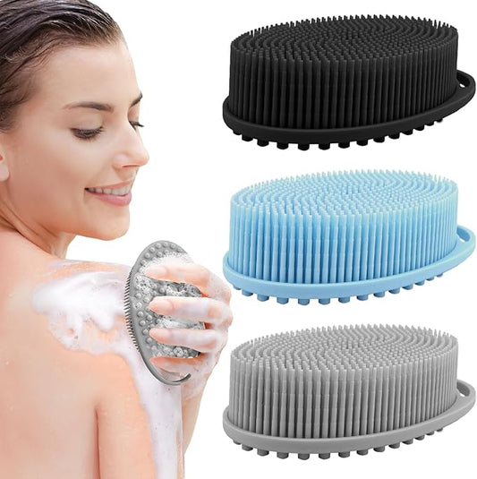 3 Pack Silicone Body Scrubber, Exfoliating Body Scrubber, Soft Silicone Loofah Men, Body Scrubber Fit for Sensitive and All Kinds of Skin, Black+blue+gray (PQRUU54635)