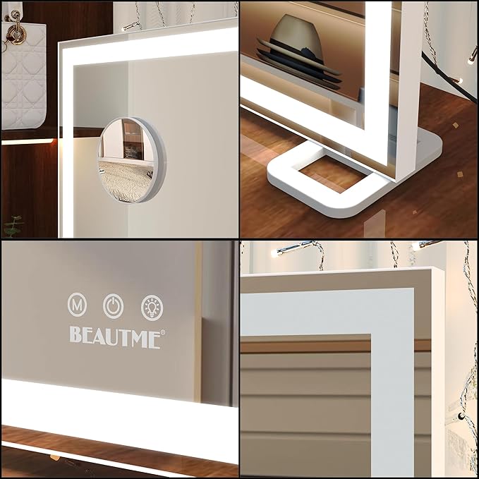 ANYHI Large Vanity Mirror with Lights, 36.2" x 26.8" Makeup Mirror with LED Lights, Tabletop or Wall Mount, 3 Color Modes, Dimmable, Touch Control, White