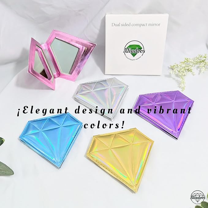 Makeup Mirror| Small Cute for Purse|2X/1X Magnifying| Your Womens Fashion| Travel Portable Slim Compact Mirror| Leather Gorgeous Elegant Iridescent Diamond Shape Women| Graduation Stylish