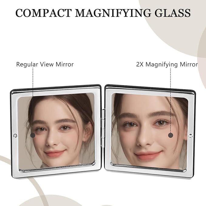 1X/2X Compact Mirror with PU Leather, Magnifying Folding Pocket Makeup Mirror for Purses and Travel