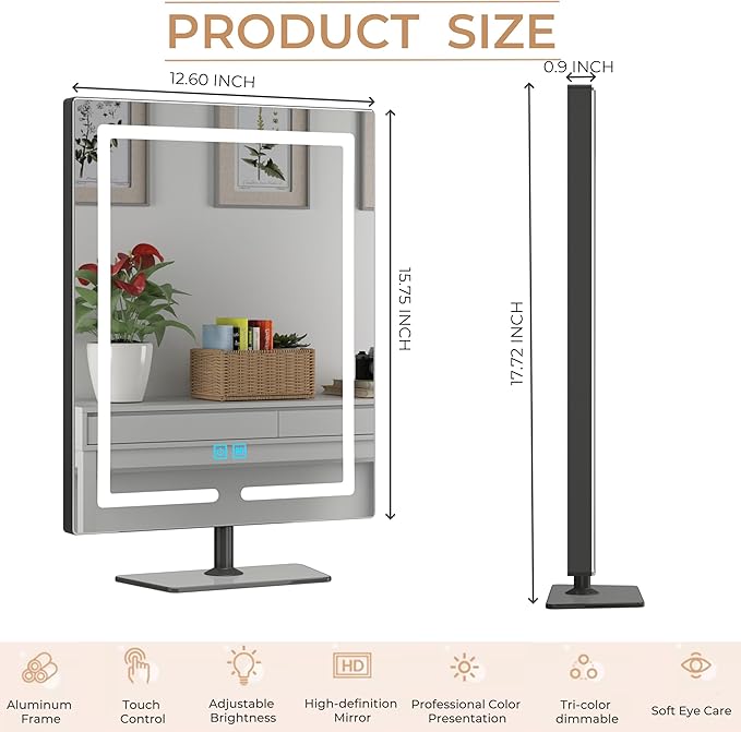 Makeup Mirror with Lights, 12.6 x 17.7 Inch LED Vanity Mirror, Lighted Makeup Mirror with Dimmable 3 Modes, Smart Touch Control, Aluminum Frame and Tempered Glass Base, Bronze