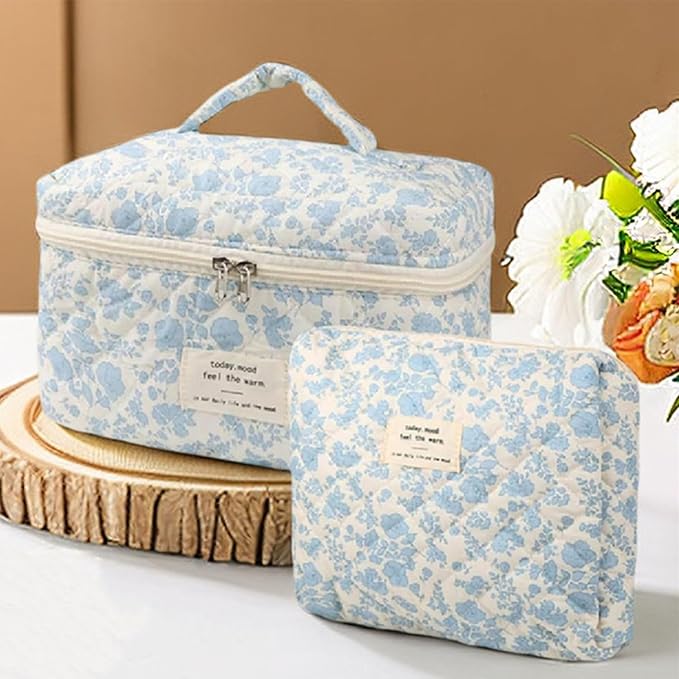2 Pcs Quilted Makeup Bag,Cotton Coquette Make up Bag Set,Floral Cute Makeup Bags Large Travel Toiletry Cosmetic Bag Organizer for Women Girls (A)