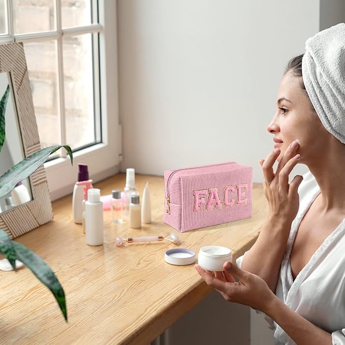 MAGEFY Corduroy Makeup Bag Small Makeup Bag for Purse with Compartments Cute Makeup Pouch Cosmetic Bag for Women Friends Preppy Gifts (Pink, FACE)