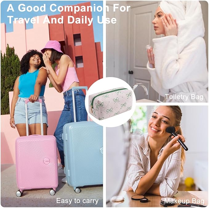 Gleyemor Small Quilted Makeup Bag for Women, Cute Floral Bow Cosmetic Bag, Emergency Bag Travel Toiletry Cotton Pouch Gifts for Girls Her Mom Friend Sister Bridesmaid (Pink&Green Bow)