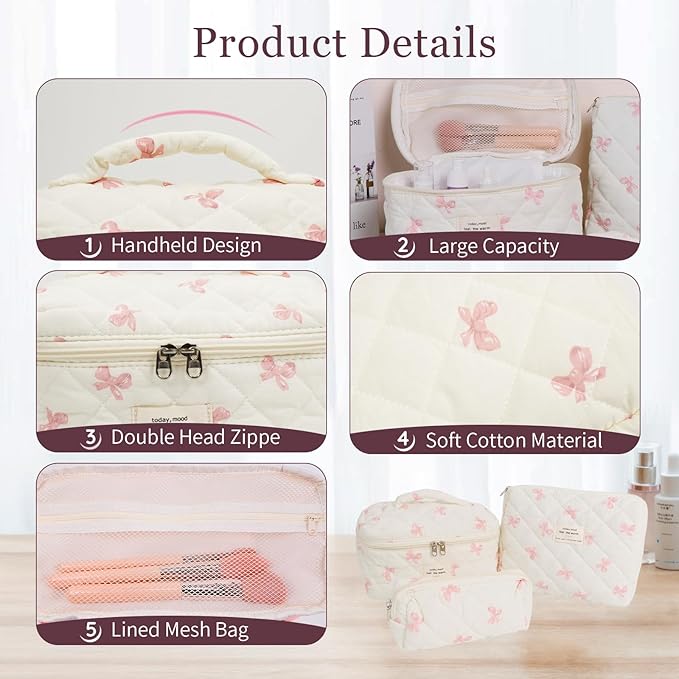3Pcs Cotton Quilted Makeup Bag Set,Large Floral Cosmetic Bag，Aesthetic Toiletry Travel Makeup Bag Set and Cute Flower Bag for Women Girls (White Pink Bow)