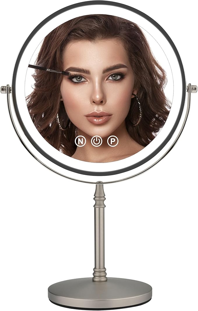 9" Large Makeup Mirror with Lights, 1X/10X Magnifying Vanity Mirror with 3 Colors Dimmable Lightning, 80 LED Lights, 360°Rotation Double Sided Standing Lighted Makeup Mirror Nickel