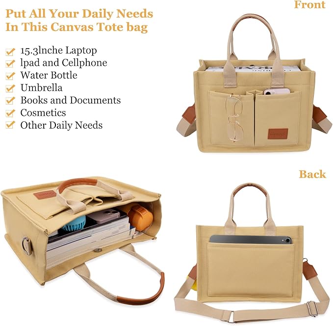 Canvas Tote Bag for Women With Pockets, Laptop Work Crossbody Purses Everything Shoulder Tote Bag Everyday Satchel Handbags