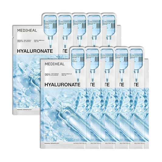 Mediheal Hyaluronate Essential Mask 10 pcs. 99% Pure Low Molecular Hyaluronate for deep hydration - enhancing moisture barrier, long-lasting moisturization, smooth skin texture with ultra hydration