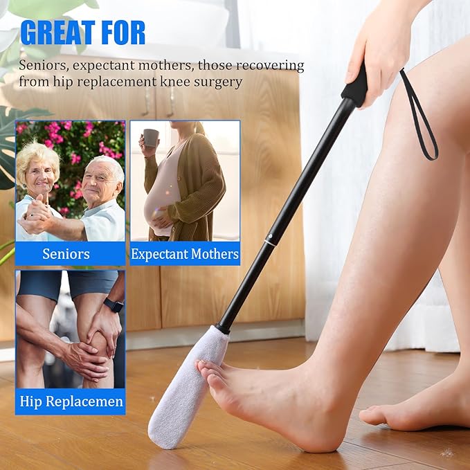 Sunnyray 2 Set Toe Cleaning Brush with Reusable Drying Covers Foot Cleaner with Telescopic Aluminum Alloy 12-24 Inch Long Handled Toe Lotion Applicator for Seniors Elderly Disabled Men and Women