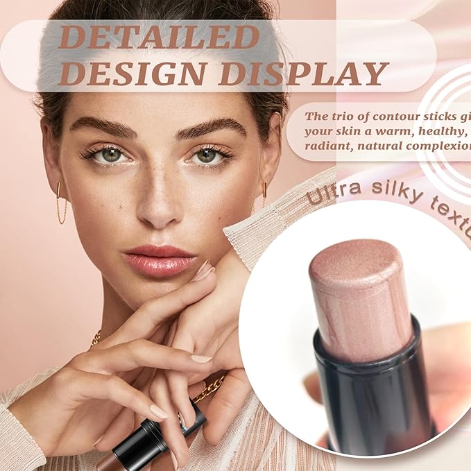 3 Pcs Cream Contour Sticks, Shades with Highlighter Stick, Blush Stick and Bronzer Stick, Contour Stick Eyeshadow Stick Face Contouring Pen Makeup with Contour Brush, Waterproof