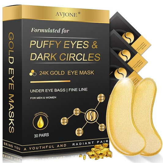 AVJONE 24K Gold Under Eye Patches (30 Pairs), Collagen eye masks for dark circles and puffiness, eye patches for women puffy eyes, Revitalises and Refreshes Your Skin
